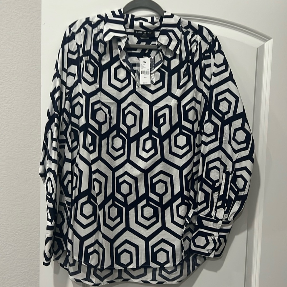 Navy and white long sleeve blouse